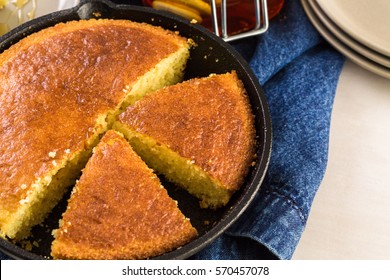 Organic Sweet Cornbread Baked In Castiron Pan.