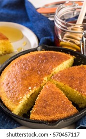 Organic Sweet Cornbread Baked In Castiron Pan.