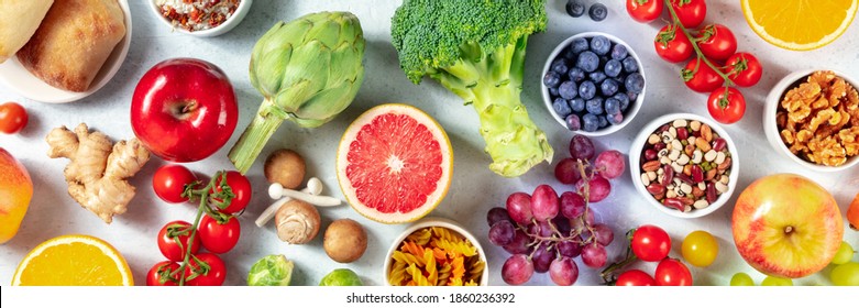 Organic Vegan Food Panorama. Overhead Shot Of Fruits, Vegetables, Legumes, Mushrooms, Nuts. Healthy Balanced Diet