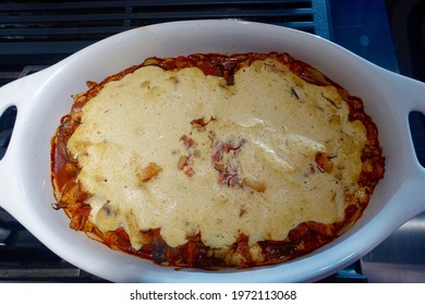 Organic, Vegan, Vegetarian Moussaka And With Eggplant, Tofu, Tempeh, Tomato, And Onions.                                