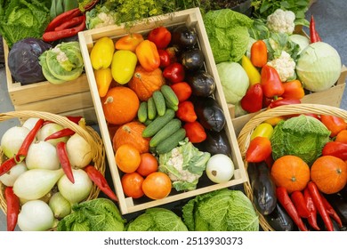 Organic vegetables. Healthy products from farmers market. Boxes with delicious fresh vegetables. Healthy food for diet. Various vegetables in baskets. Products from organic section of supermarket - Powered by Shutterstock