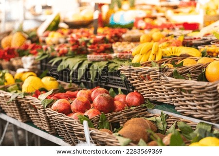 organic vegetables. selective focus and pomegranates and tropical fruits with blurred background with copy space. agricultural market