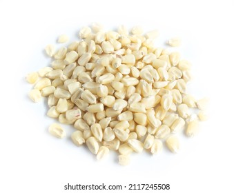 Organic White Dried Corn Whole Grain Kernels in Pile Isolated on White