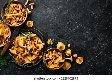 Organic wild chanterelle mushrooms in a bowl. On a black stone background. Top view.