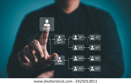 Organization chart, company leveling map, or organigram displayed with icons on a blue background. Business structure tree diagram showing human resources career path and employees' hierarchy table.