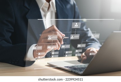 Organization chart with hierarchy structure of teams and employees in company. Business process and workflow automation with flowchart. Business and technology concept. - Shutterstock ID 2239924511