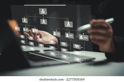 Organization chart with hierarchy structure of teams and employees in company. Business process and workflow automation with flowchart. Business and technology concept. - Shutterstock ID 2277505569
