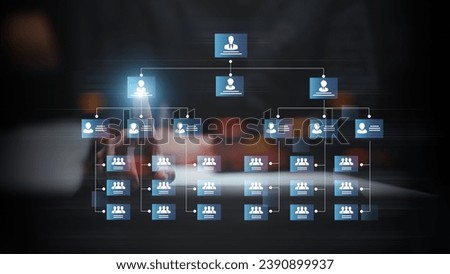 Organization chart with hierarchy structure of teams and employees in company. Business process and workflow automation with flowchart. Business and technology concept.