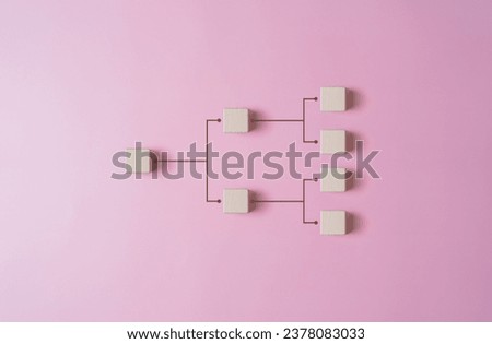 Organization chart, mind map, organigram, or company structure structure tree diagram. Blank wooden blocks on a pink background. Human resources career path, employees leveling hierarchy table.