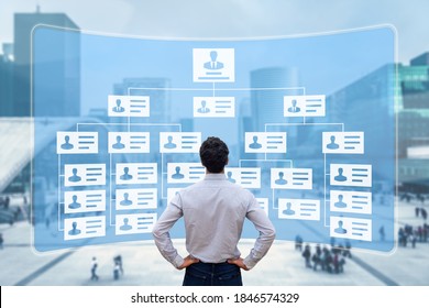Organization chart showing hierarchy structure of teams in corporation with CEO, directors, executives and employees. Human Resources Manager working with HR organizational diagram, career concept