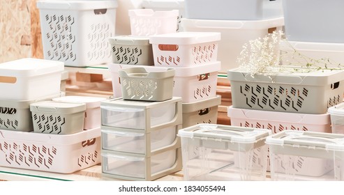 Organization Of Home Space, Storage And Coziness, A Lot Of Plastic Household Goods, New Clean Container Boxes With A Lid For Easy Storage Of Things