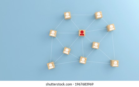 Organization Structure, Team Building, Business Management Or Human Resources Concepts. Person Icons Connecting For Lines On Wooden Cubes Linked To Leader