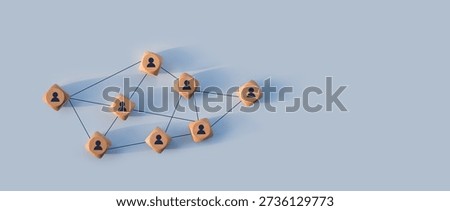 Organizational network structure with connected people icons on wooden blocks, showing team collaboration, stakeholder mapping, social graph, and business communication on a light background