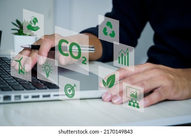 Organizations or companies develop carbon credit business virtual screen. Reduce CO2 emissions. Sustainable business development concept. - Shutterstock ID 2170149843