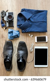 Organized modern and retro objects on wooden background