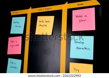 Organized project board with plan to write a comic book. To do, work in progress, and done categories. Sticky notes for actions. Make a plan. Visualize your progress.