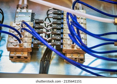 Organized Tidy And Not Messy Electronic Signal Processing Wires In A Science Lab. Many Connected Cables In Sockets