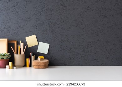 Organized Workspace For Homeschooling. Home Office Desk With School Supplies.	
