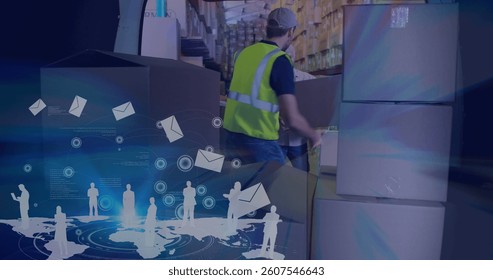 Organizing boxes in warehouse, worker in safety vest with digital overlay concept. Logistics, storage, inventory, management, technology, efficiency