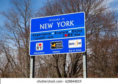 ORIENT POINT, NY - APRIL 10, 2017:  View of New York State tourism welcome sign seen from Eastern Long Island. 