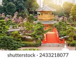 The oriental gold pavilion of absolute perfection and bonsai tree in Nan Lian Garden, Chi Lin Nunnery, Hong Kong