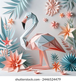 Origami 3D image of flamingo and tropical flowers masculin arty fashion print without 3-d effect