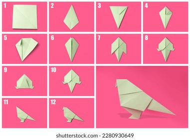 Origami art. Making paper bird step by step, photo collage on pink background - Powered by Shutterstock