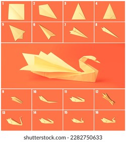 Origami art. Making paper swan step by step, photo collage on coral background - Shutterstock ID 2282750633