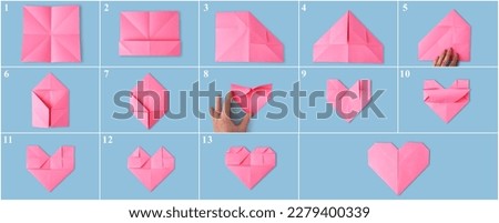 Origami art. Making pink paper heart step by step, photo collage on light blue background