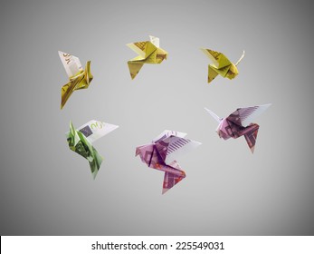 Origami Birds Of Euro Money Fly Out