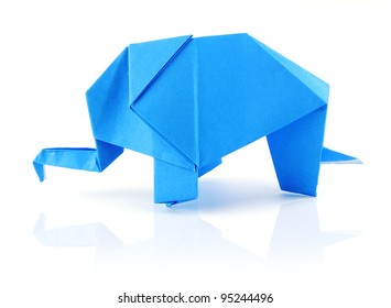 origami blue elephant on the white background