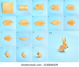 Origami Bunny. Step-by-step photo instruction on a blue background. Easter bunny. DIY concept