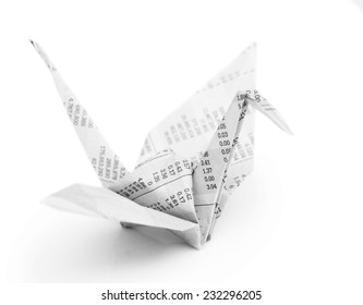 Origami Crane Bird  From Recycle Newspaper On White Background