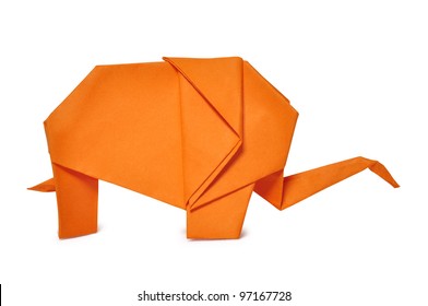 Origami elephant from orange paper isolated on white