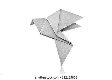 Origami Gray Paper Bird On White Background.