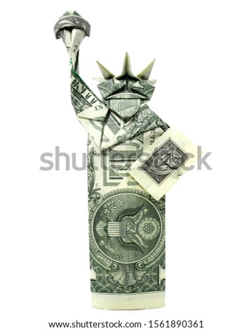 ORIGAMI MONEY Statue of Liberty one dollar green expensive on white Background        