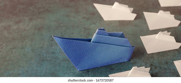 Origami Paper Ship Boats, Success Leadership, Strategy Planning Development, Social Media Influence Marketing, HR Recruiter, Disruptive Innovation, Breakthrough Business Model Solutions Concept