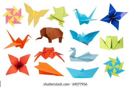 Origami paper toys collection isolated on white background