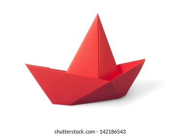 Origami Red Paper Boat Isolated On White Background