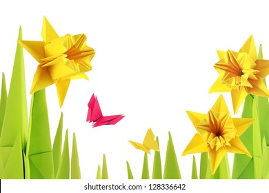 Origami spring narcissus bottom on a white background