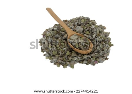 Origanum dictamnus, dittany of Crete tea on wooden spoon white background. Cretan dittany or hop marjoram is a medicinal tea growing wild only in Crete. It is a healing, therapeutic and aromatic plant ストックフォト © 