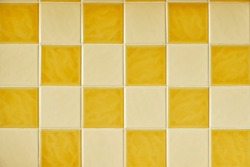 Original 1970s Retro Wall Tiles. Square Orange And Yellow Checkered Tiles. Vintage Style Home Decor. Colorful Retro Wall Tiles With White Grout