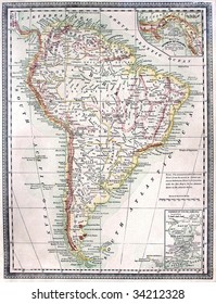 Original antique map of South America, line colored, dated 1889.