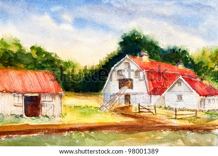 original art, watercolor painting of agricultural scene - barns with red roofs