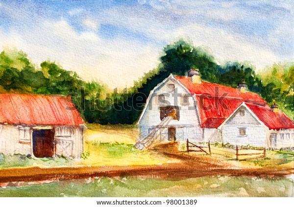 Original Art Watercolor Painting Agricultural Scene Stock Image