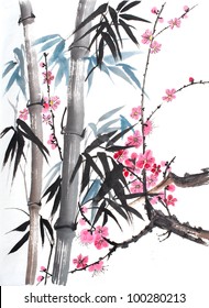 Original Art, Watercolor Painting In Chinese Style, Pink Blossoms And Bamboo