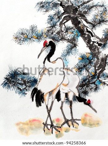 original art, watercolor painting of cranes in front of pine tree, Asian style