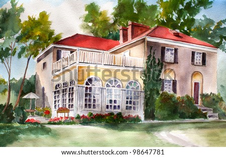 original art, watercolor painting of farmhouse with red roof