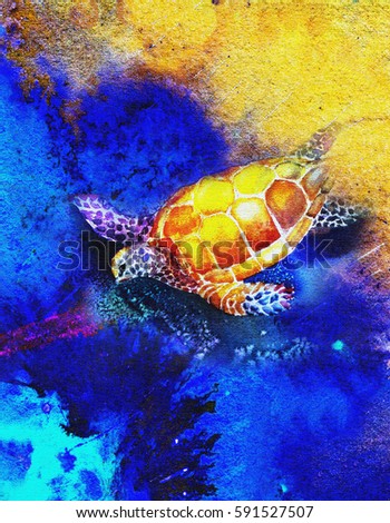 original art, watercolor painting on canvass, sea turtle