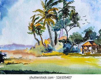 Original Art, Watercolor Painting Of Tropical Scene With Palm Trees